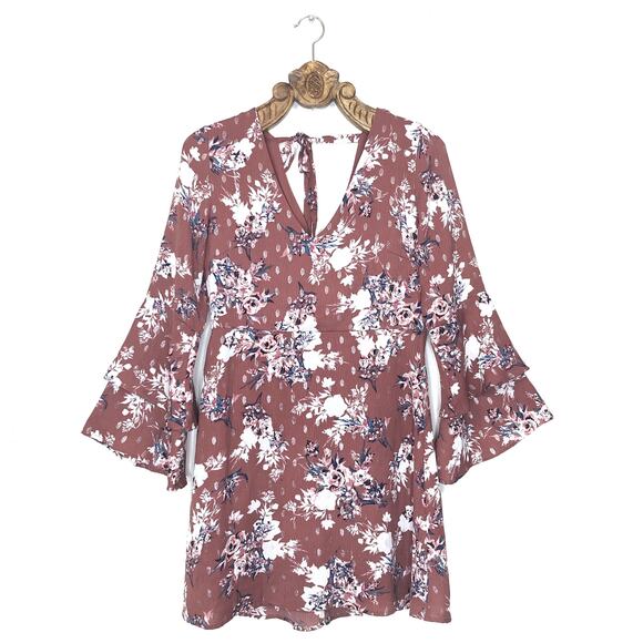 As U Wish Brown Metallic Floral Bell Sleeve V-Neck Boho Dress Large - Picture 1 of 10